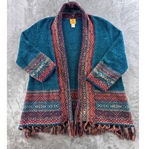 Ruby Rd Women 1X Boho Aztec Fringe Cardigan Sweater Southwestern Festival